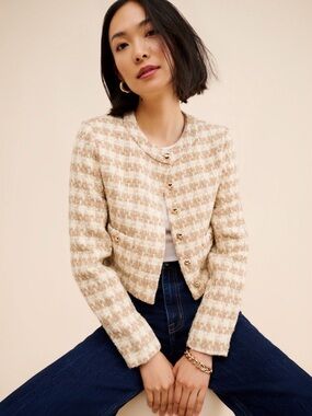 Amanda Uprichard Cream & Tan Houndstooth Lady Jacket Size L $209 *Flaw*
